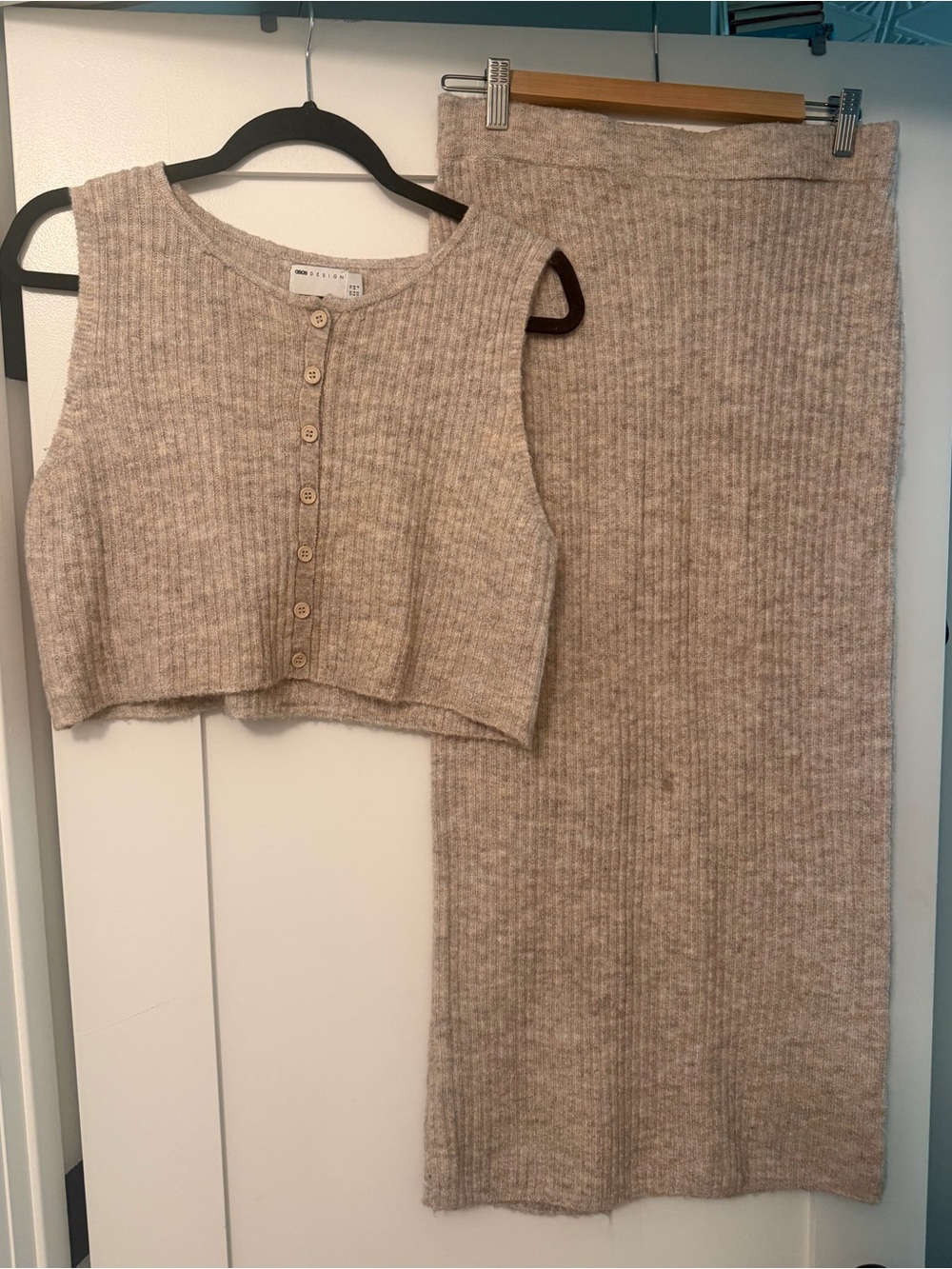 ASOS Beige Ribbed Knit Crop Tank & Maxi Skirt Set